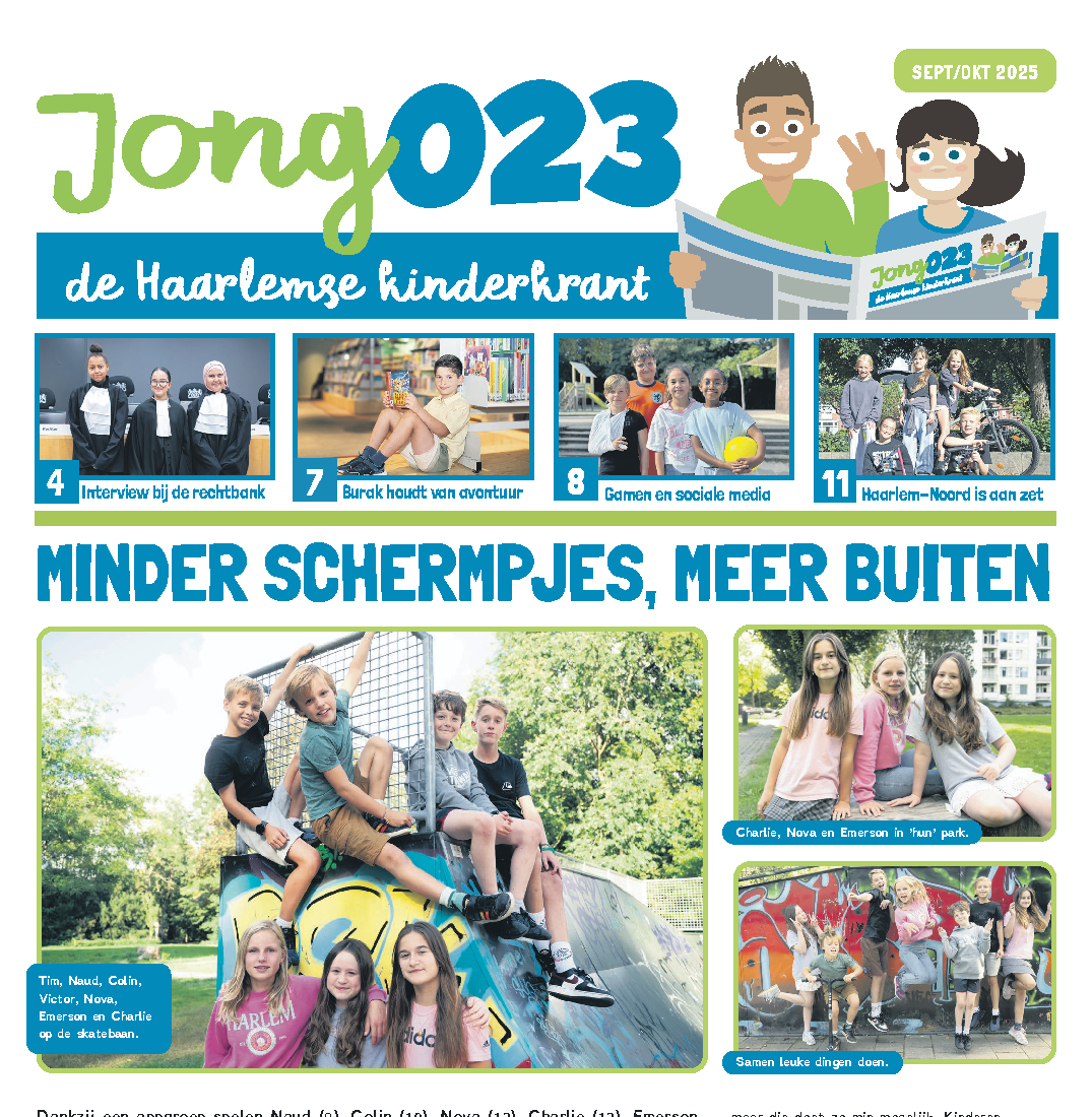 Voorpagina van Jong023, de Haarlemse kinderkrant, met de kop Minder schermpjes, meer buiten.