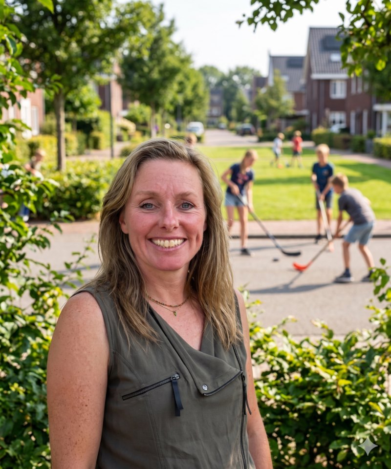 Sabrina Costermans, initiatiefnemer van Buiten Buddies, in een straat waar kinderen buitenspelen