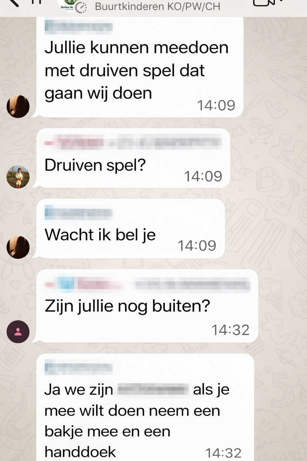 Berichten in een buurtapp waarin kinderen afspreken om buiten te spelen.